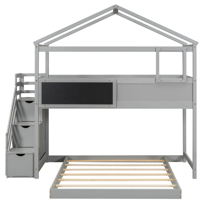 House Style Bunk Bed With Storage Staircase And Blackboard
