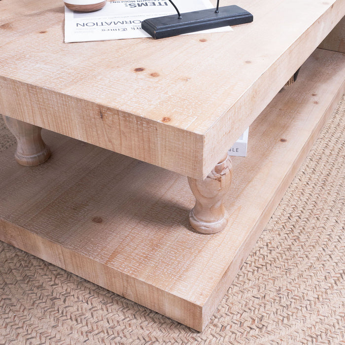 Rustic Solid Wood Coffee Table With Open Shelf, Modern Farmhouse Design - Light Natural / Natural