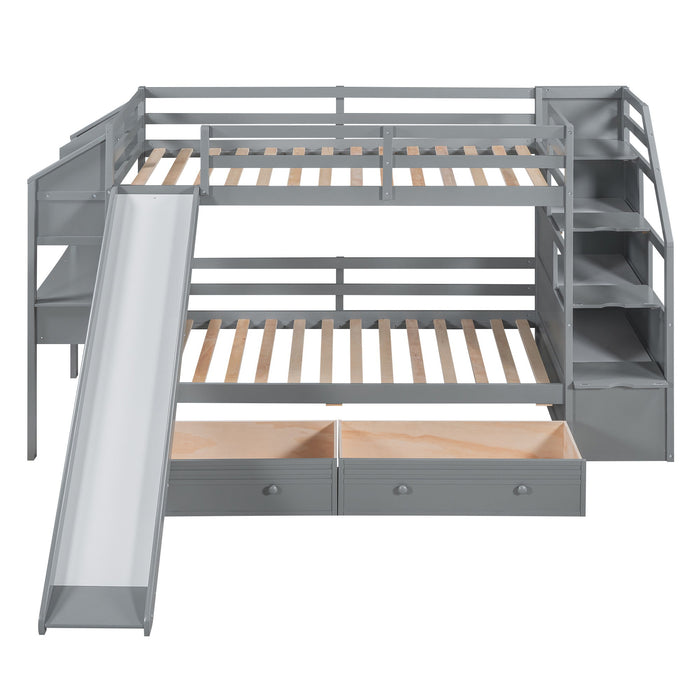 Bunk Bed With Storage Staircase, Slide, Desk, Drawers, And Shelves