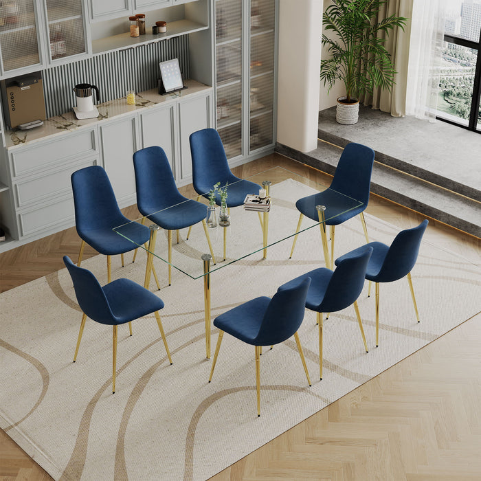 Dining Table (Set of 9) Tempered Glass Top Dining Table With Metal Legs And Eight Fabric Dining Chairs, Gold