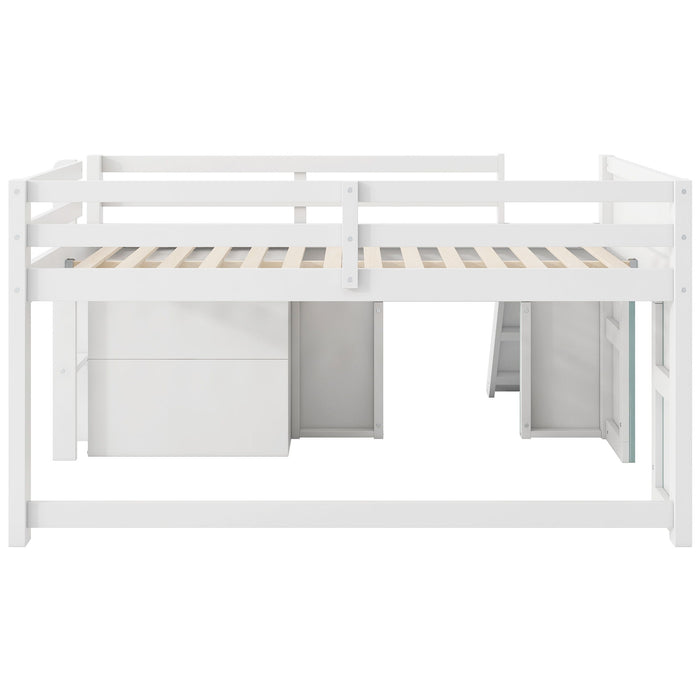 Modern Low Loft Bed With Slide, 3 Storage Drawers, And 2 Doors