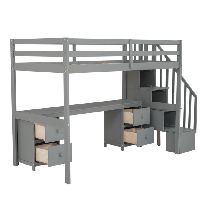Loft Bed Frame With Built In Desk And Double Storage Drawers