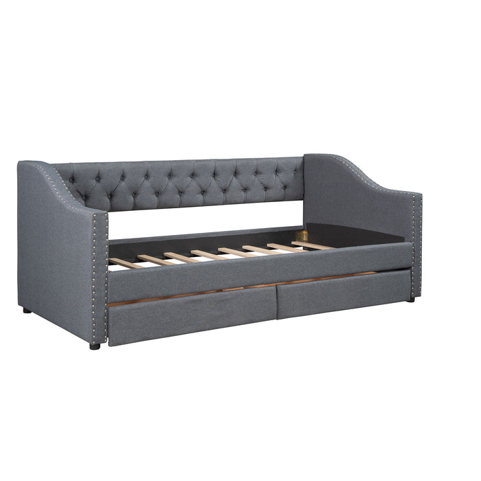 Twin Size Upholstered Daybed With Two Drawers, Slat Support - Gray