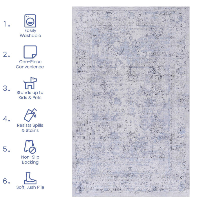 Maval - 4' X 6' Area Rug Washable - Blue / Cream