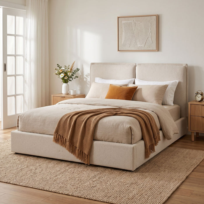 Double Pillow Upholstered Headboard, Skin Friendly Textured Fabric , Queen - Beige