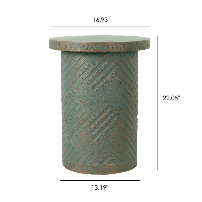 Round Outdoor End Table With Tree Stump Design For Patio - Golden / Green / Peacock