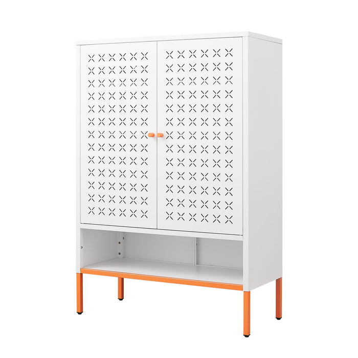 Grid Double Door Shoe Cabinet With Adjustable Compartments And Moisture-Proof Design In White Metal