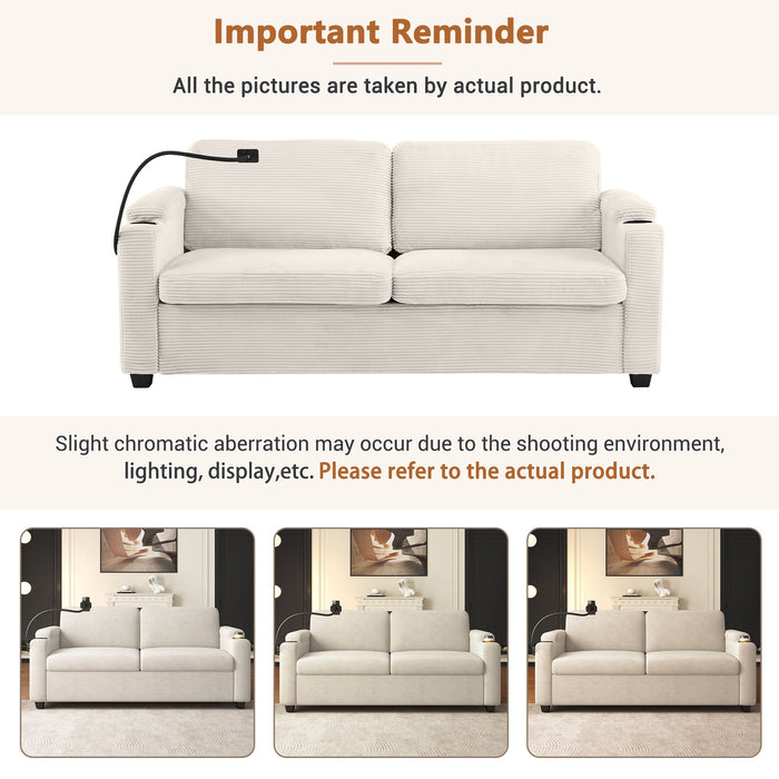 Corduroy Sleeper Sofa Loveseat Sofa With Full Size Mattress, 2 USB Ports, 2 Cup Holders, 2 Side Pockets And Phone Holder
