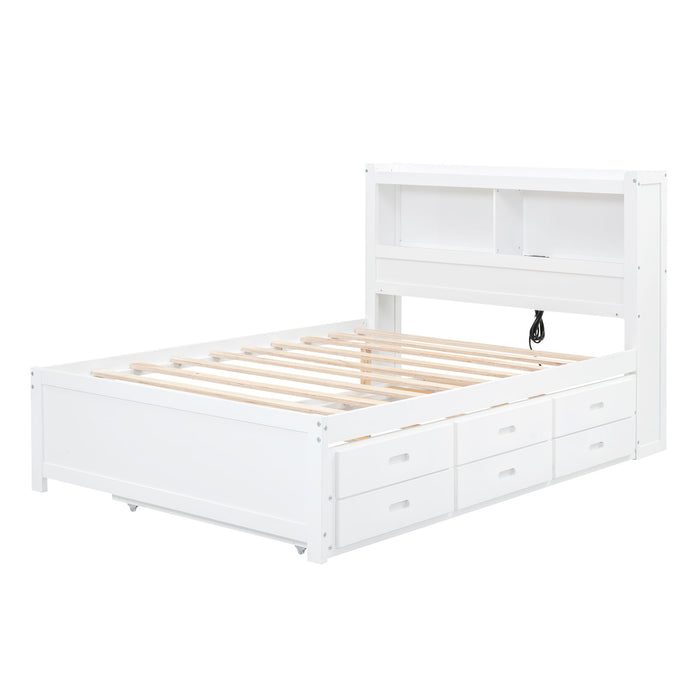 Full Size Platform Bed With Trundle, Drawers, USB Ports And Built In Shelves - White