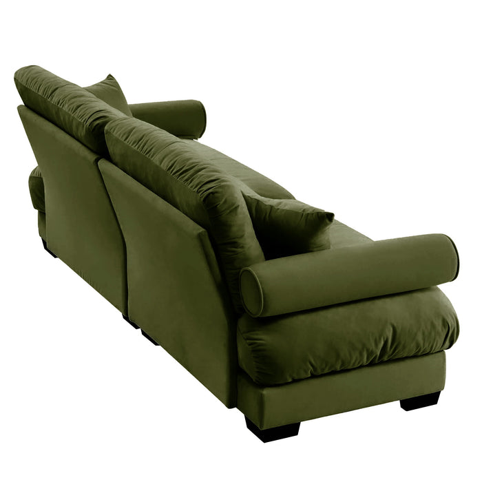 Modern Velvet Sofa With Bolstered Armrests And Pillows