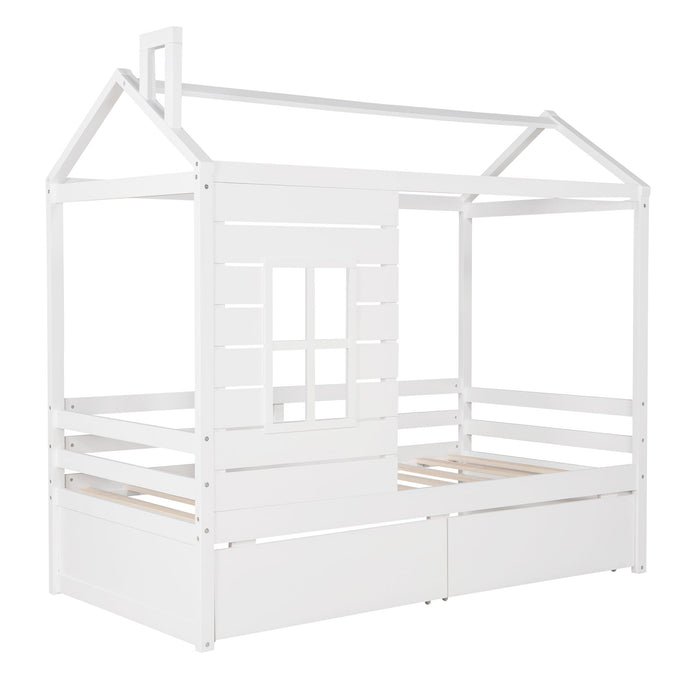 Twin Size Classic House Bed With 2 Drawers - White