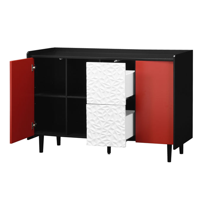 Modern Sideboard Buffet Cabinet With Red Doors And Unique Panel Styling