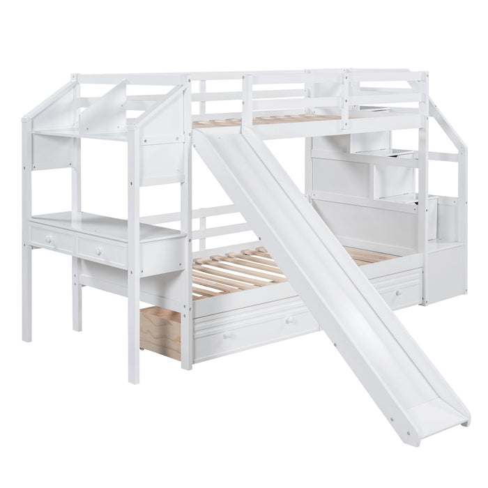 Bunk Bed With Storage Staircase, Slide, Desk, Drawers, And Shelves