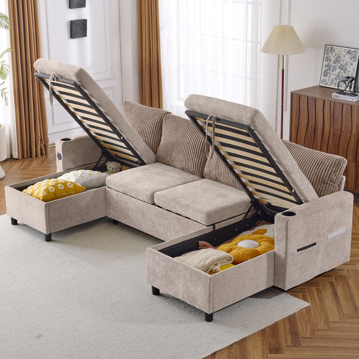 Sectional Sofa Bed With Pull Out Sleeper, USB Ports, Cup Holders