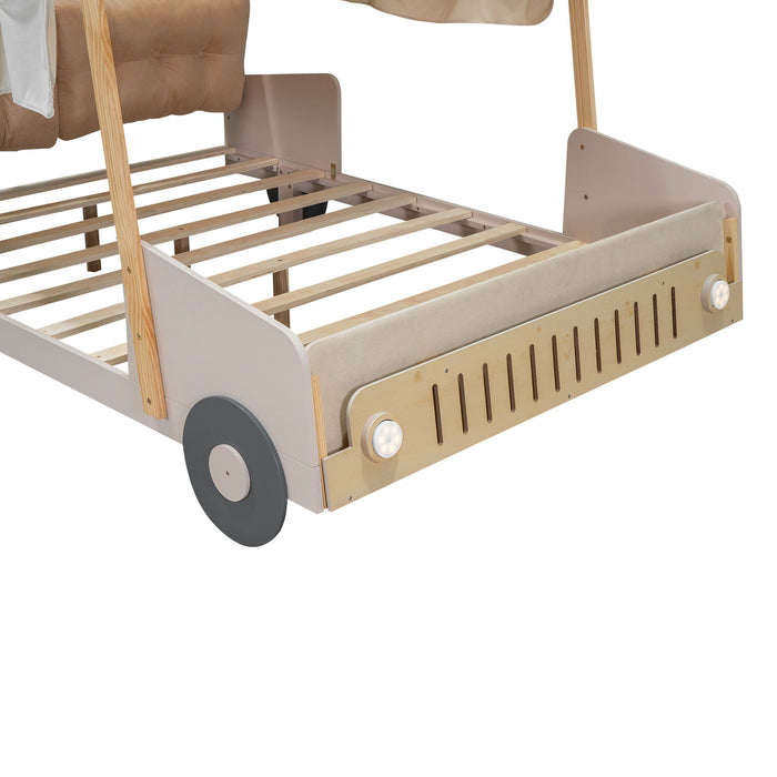 Twin Size Car Bed & Pillow, Ceiling Cloth And LED - Natural
