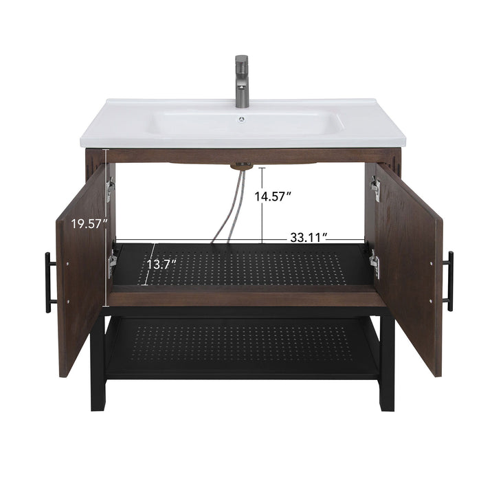 Modern Freestanding Bathroom Vanity With Ceramic Sink, Hot And Cold Faucet, Storage Cabinet & Open Shelf