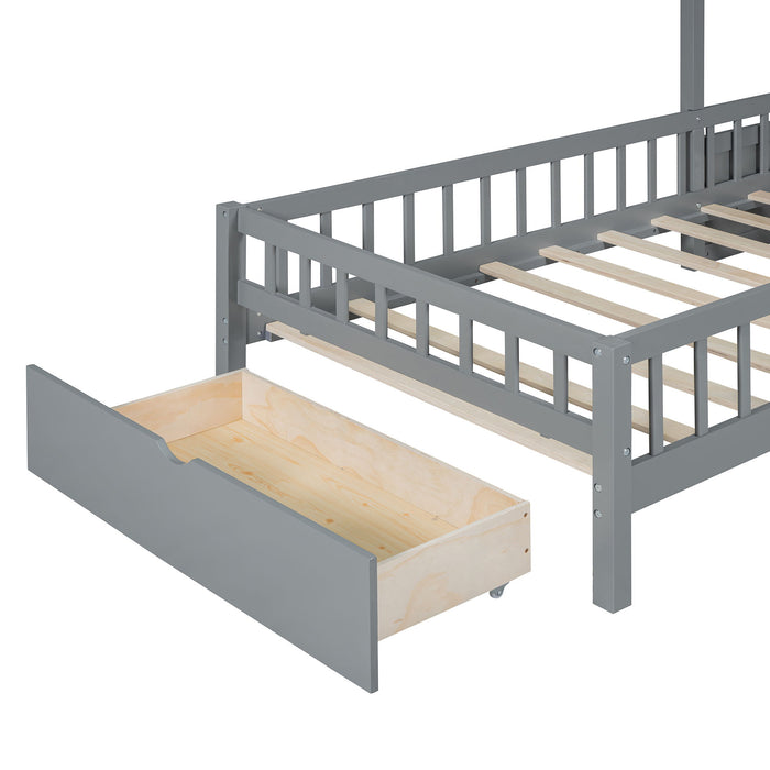 House Bed With Upholstered Sofa, Wireless Charging Station, Shelves And 2 Drawers