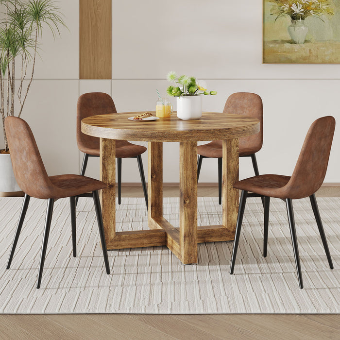 A Modern And Practical Circular Dining Table. Made Of MDF Tabletop And Wooden MDF Table Legs A (Set of 4) Brown Cushioned Chairs