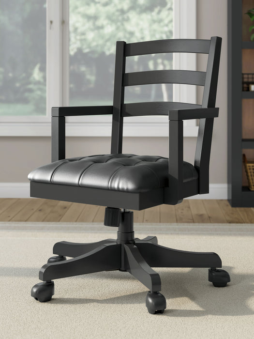 Wildenauer - 4 Pc. - Home Office Desk And Return, Swivel Desk Chair, Bookcase - Brown / Black
