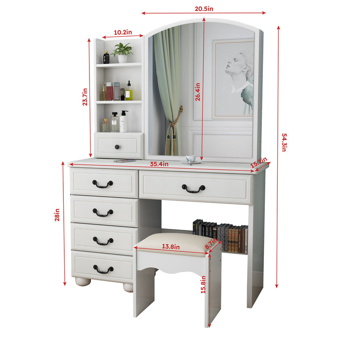 Fashion Vanity Desk With Mirror And Adjustable Lighting, 6 Drawers, 3 Color Light Modes - White