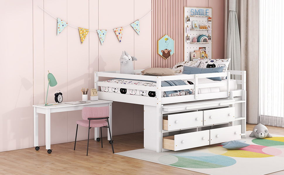 Loft Bed With Retractable Writing Desk And 4 Drawers, With Lateral Portable Desk And Shelves