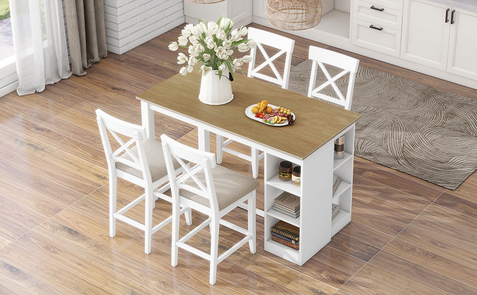 Topmax 60" Lx30" W Solid Wood Farmhouse Counter Height Dining Table Set With 3 - Tier Storage Shelves, Upholstered Dining Chairs For 4, 5 Piece, White
