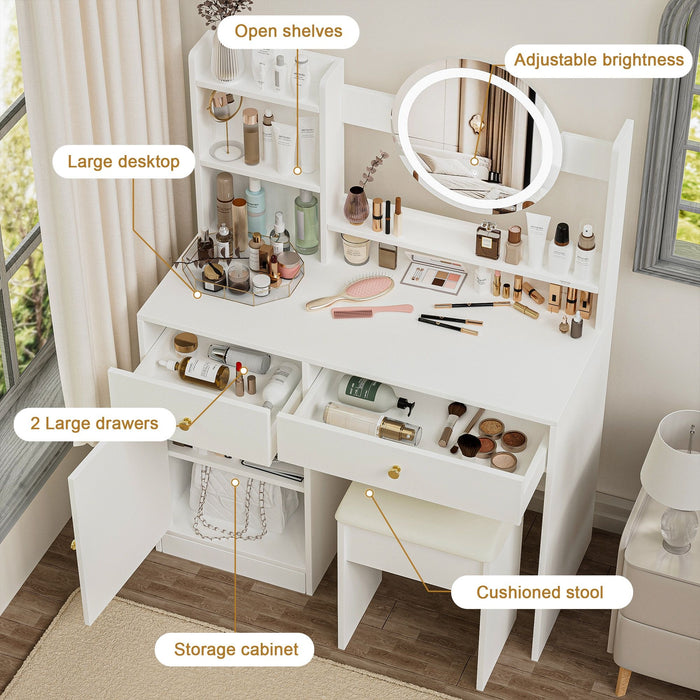 Fashion Vanity Desk With Mirror And Lights For Makeup And Cushioned Chair - White