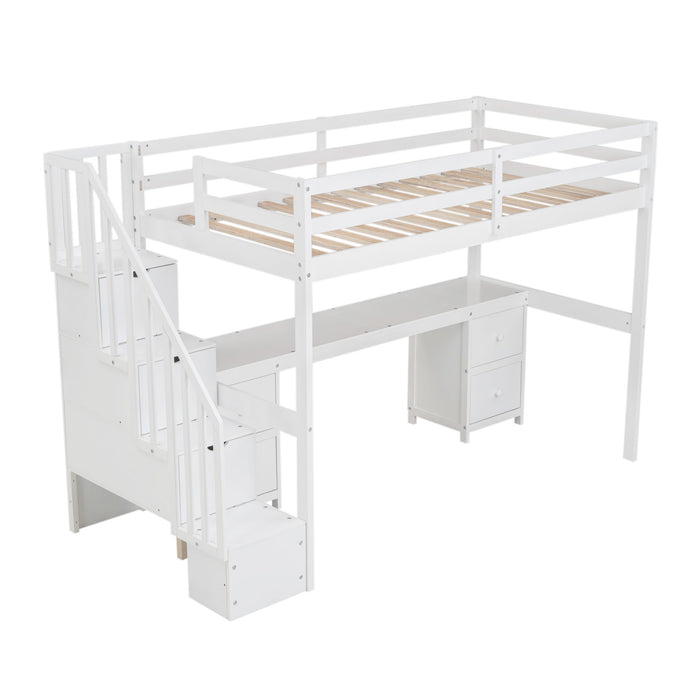 Loft Bed Frame With Built In Desk And Double Storage Drawers