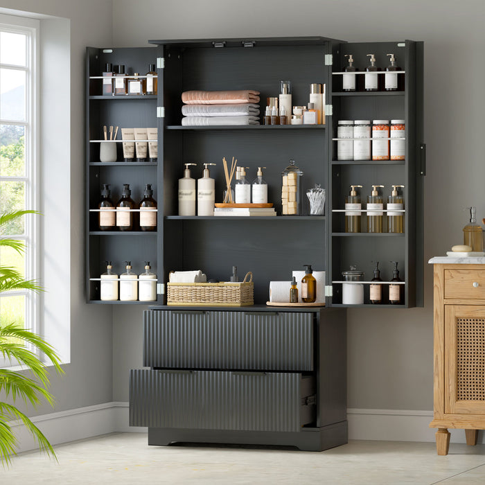 Fluted Kitchen Pantry Cabinet With 2 Large Drawers & 8 Door Spice Rack Freestanding Storage Organizer - Black
