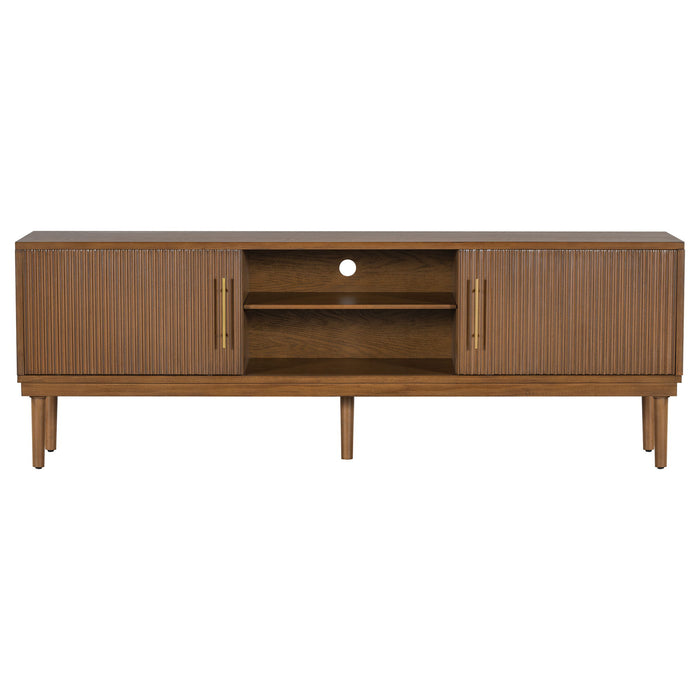 TV Stand With Vertical Slatted Doors And Sliding Panels, Solid Wood Legs - Brown