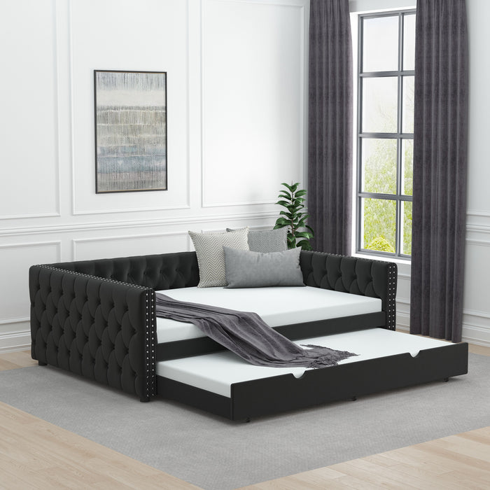 Daybed With Trundle Velvet Upholstered Tufted Sofa Bed, With Button And Copper Nail Onsquare Arms, Full Daybed & Twin Trundle For Bedroom, Living Room, Guest Room - Black