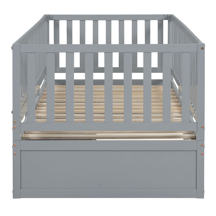 Daybed With Fence Guardrails And 2 Drawers, Split Into Independent Floor Bed & Daybed