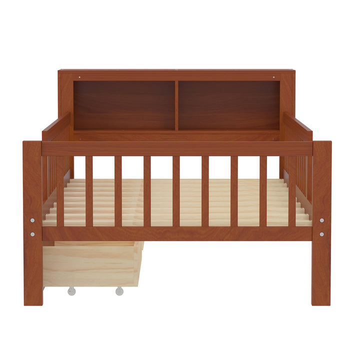 Bed With Headboard Storage Rack, 2 Under Bed Drawers, 3 Side Guardrails For Safety