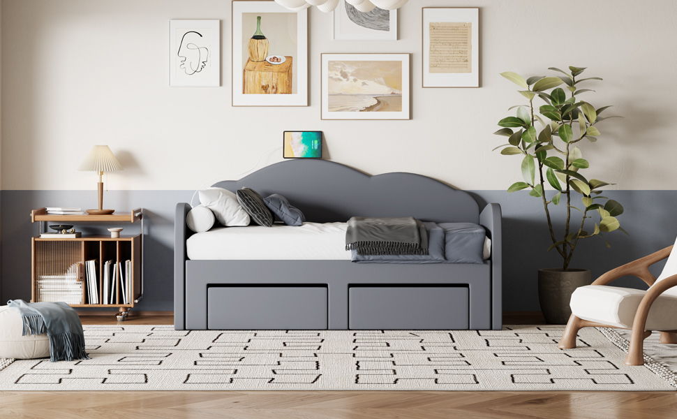 Upholstered Daybed With Cloud-Shaped Backrest, Trundle & 2 Drawers And USB Ports