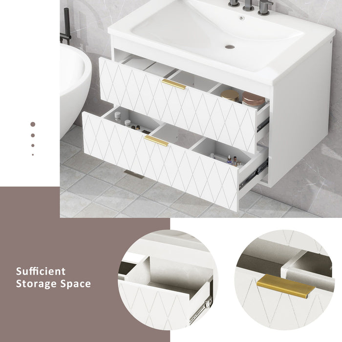 30" Wall Mounted Bathroom Vanity With Resin Sink, Floating Bathroom Storage Cabinet With 2 Drawers, Solid Wood Bathroom Cabinet - White