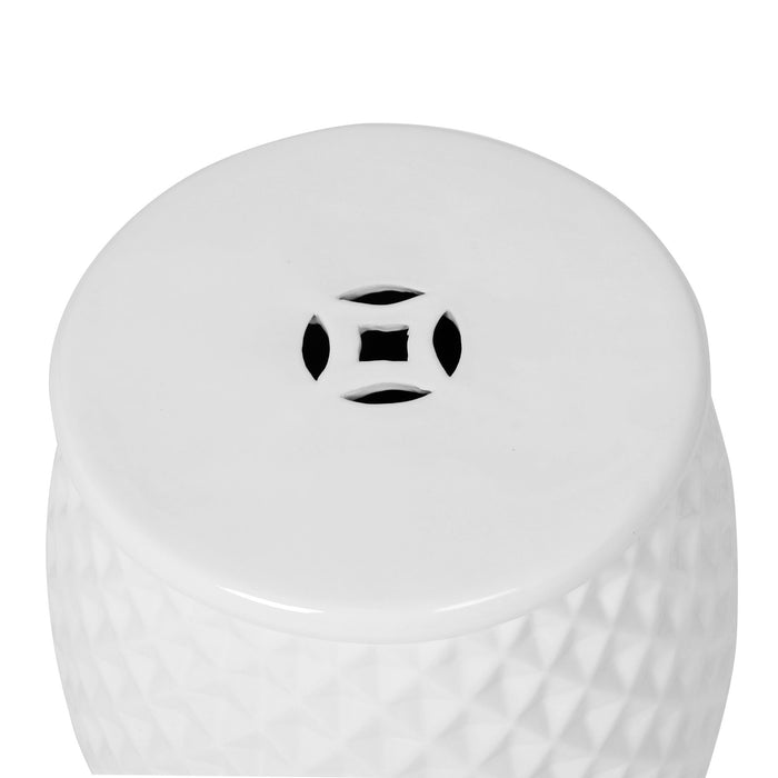 Glazed Ceramic Drum Stool Indoor / Outdoor Side Table Ceramic - White