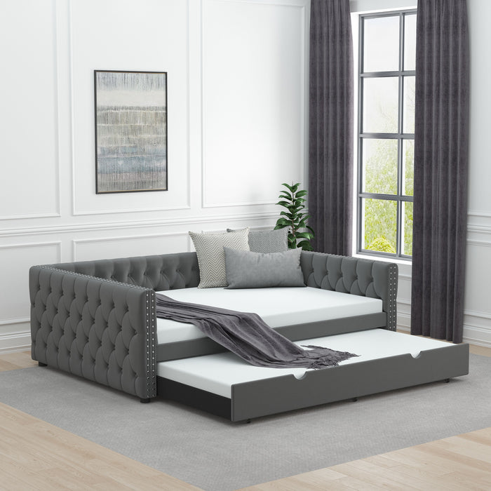 Daybed With Trundle Velvet Upholstered Tufted Sofa Bed, With Button And Copper Nail Onsquare Arms, Full Daybed & Twin Trundle For Bedroom, Living Room, Guest Room - Grey