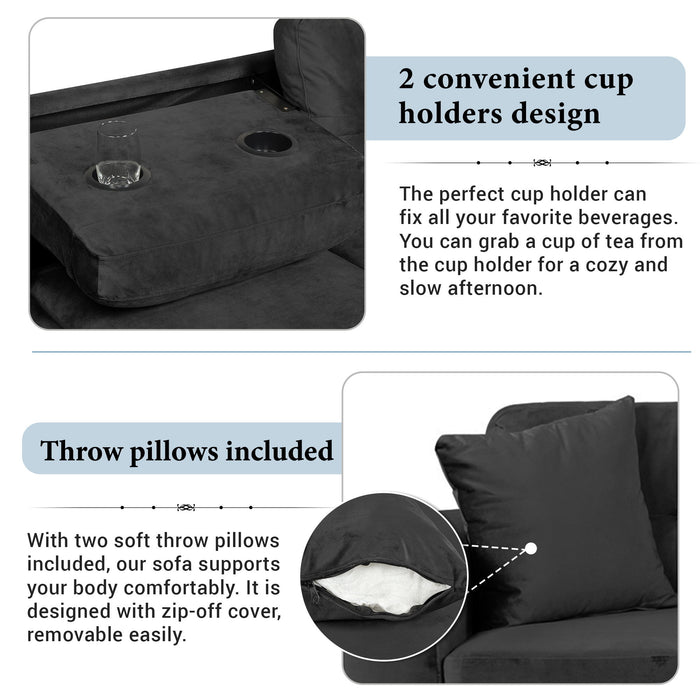 Modern Sectional Sofa With Storage Ottoman, L - Shape Couch With 2 Pillows And Cup Holders