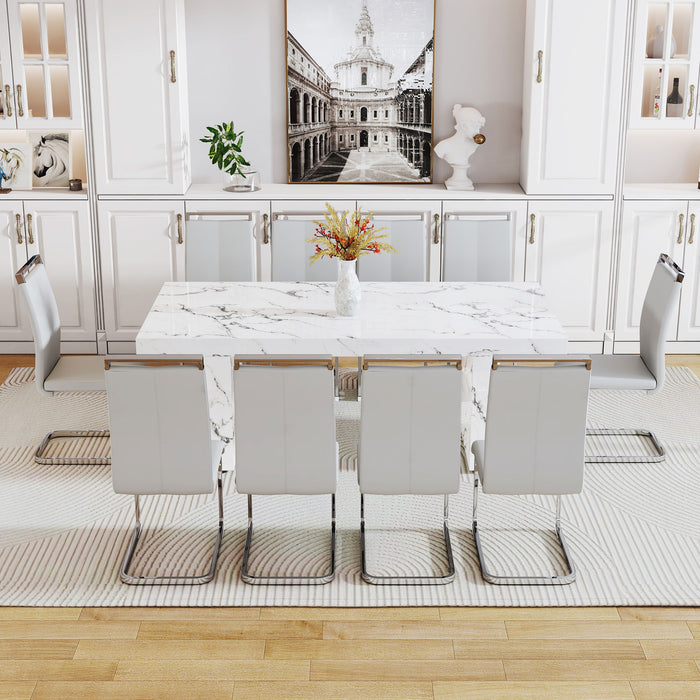One Piece Of White MDF Material With Patterns On The Dining Table & 10 PU Synthetic Leather High Backrest Cushioned Side Chairs With C-Shaped Silver Metal Legs