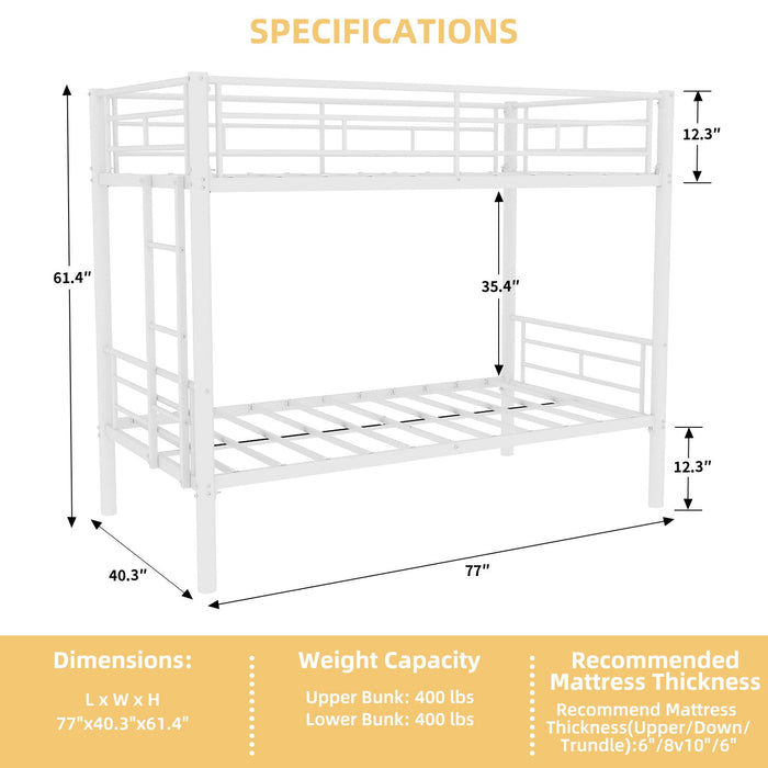 Metal Bunk Bed For Kids, Convertible Bedframe With Ladders & Guardrail