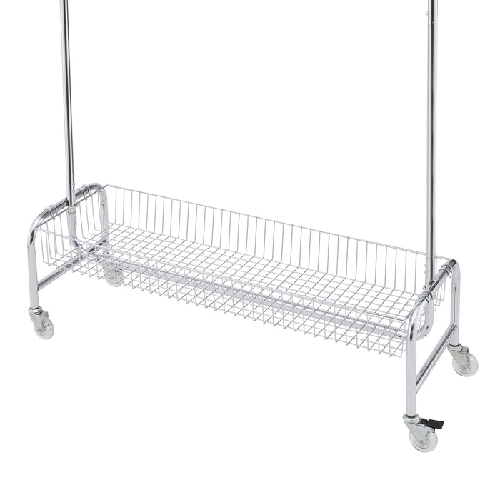Heavy Duty Iron Garment Rack With Basket On Wheels - Silver