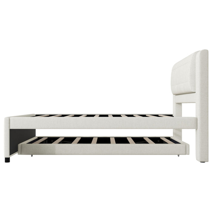 Full Size Upholstered Platform Bed With Adjustable Trundle - Beige