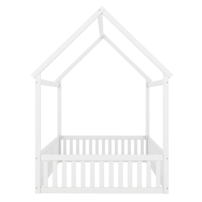 Wood House Bed With Fence And Door