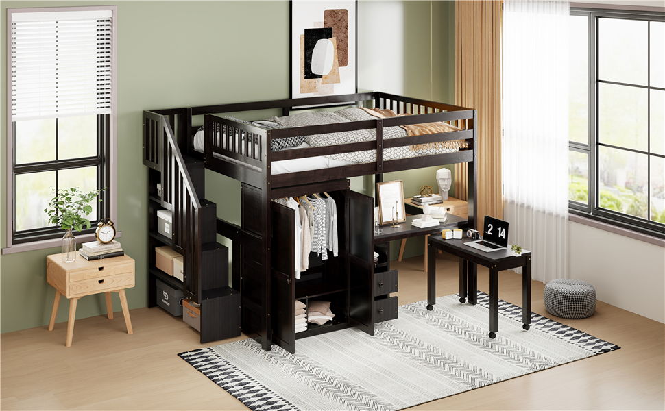 Loft Bed With Stairs, Bookshelf, Drawers, Desk & Wardrobe, Space Saving Multifunctional Furniture