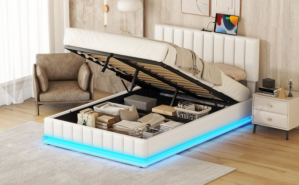 Upholstered Bed With Hydraulic Storage System And LED Light, With Sockets And USB Ports