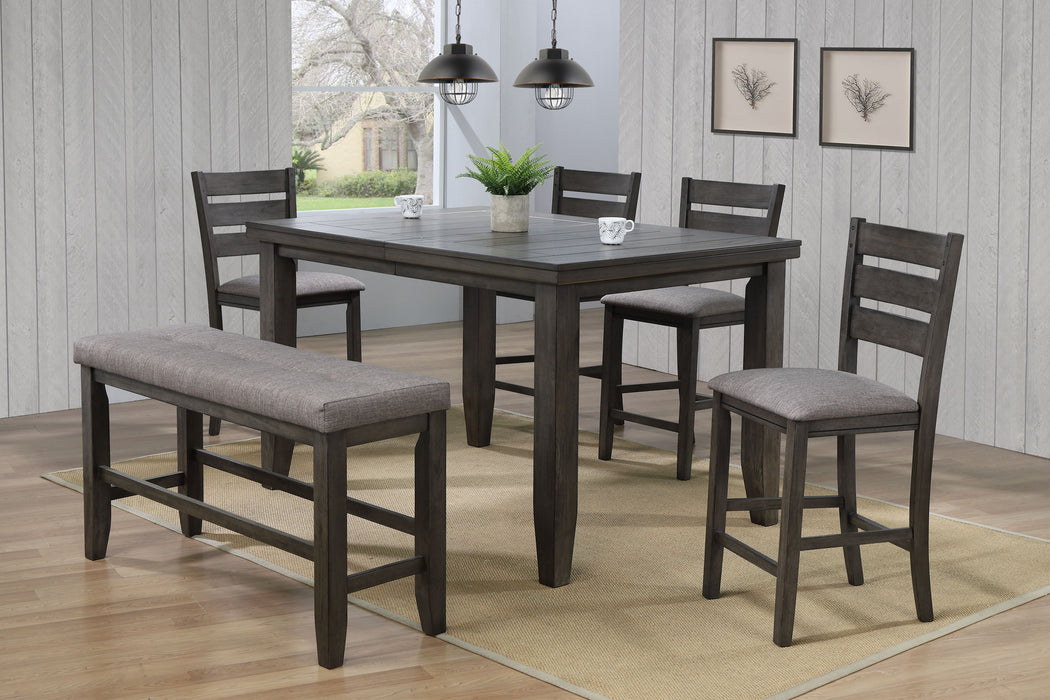 Contemporary 6 Pieces Counter Height Dining Set 18" Extendable Leaf Table Gray Fabric Upholstered Chair Bench Seats Gray Finish Wooden Solid Wood Dining Room Wooden Furniture