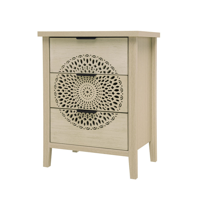 Hollow Carved 3 Drawer Cabinet Dresser Storage Chest With Metal Handles For Living Room Bedroom - Natural