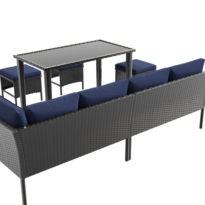 7 Piece Outdoor Furniture Set With Waterproof Cushions, Glass Table, And Space Saving Design - Blue