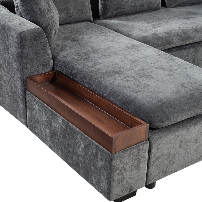 Modern L Shaped Sectional Sofa With Chenille Upholstery And Wooden Storage