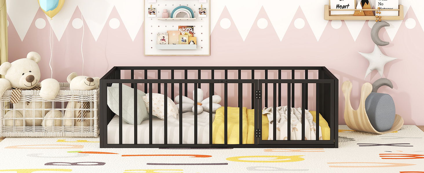 Metal Floor Bed Frame With Fence And Door